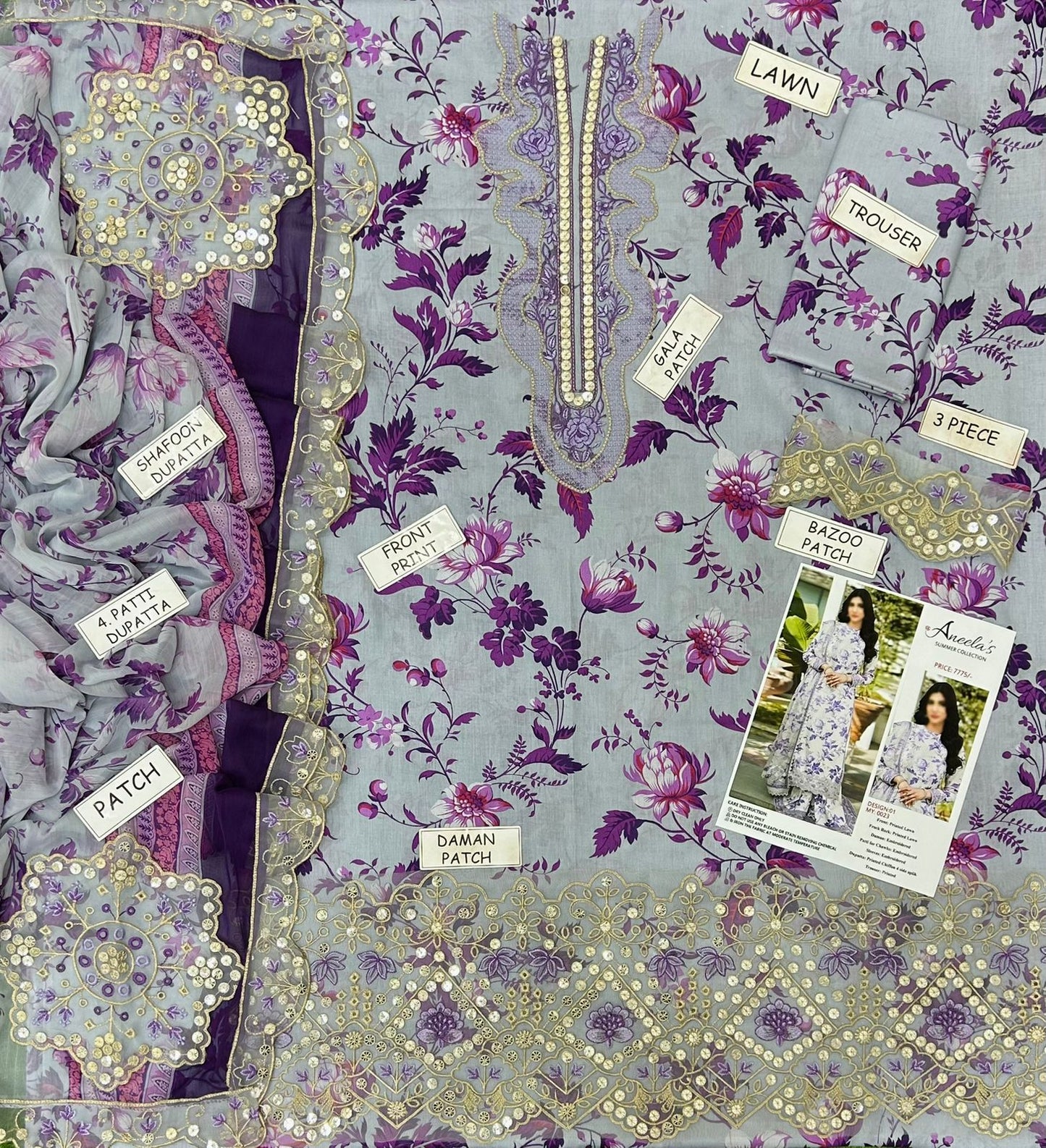 Aneela's Lawn Embroidered 3Piece D-01