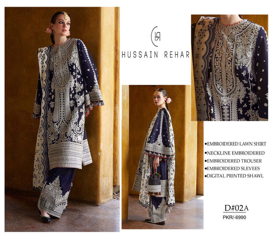 Hussain Rehar Lawn Embroidered 3Piece D-001
